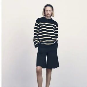 Zara Black and Cream stripe sweater button sleeves